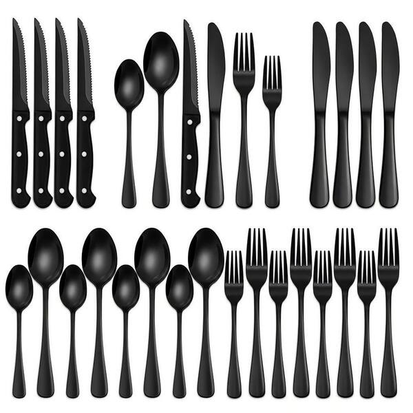 24-Piece Black Food-Grade Stainless Steel Silverware Set w/ Steak Knives Black Flatware for Home Restaurant (Set for 4)