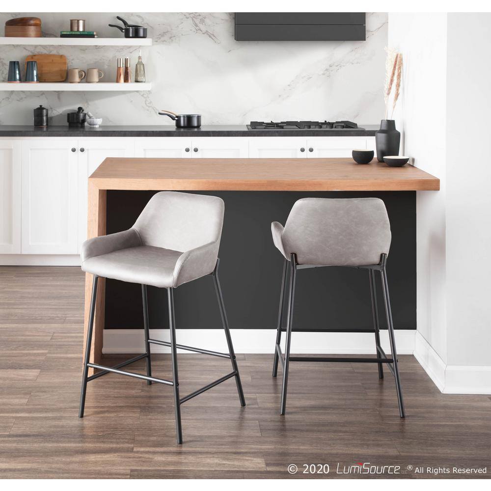 Daniella Industrial Black Metal Frame Counter Stools with Grey Faux Leather - Set of 2