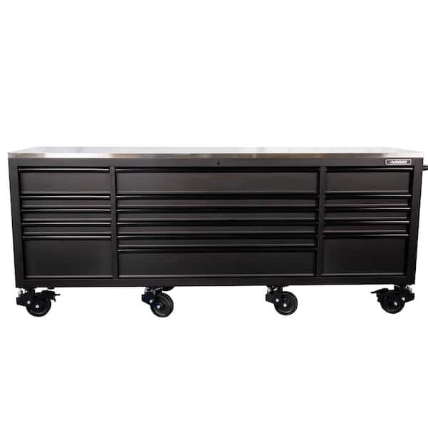 Husky 84 in. W x 24 in. D 9-Drawer Heavy-Duty Mobile Workbench with Stainless Steel Top in Matte Black