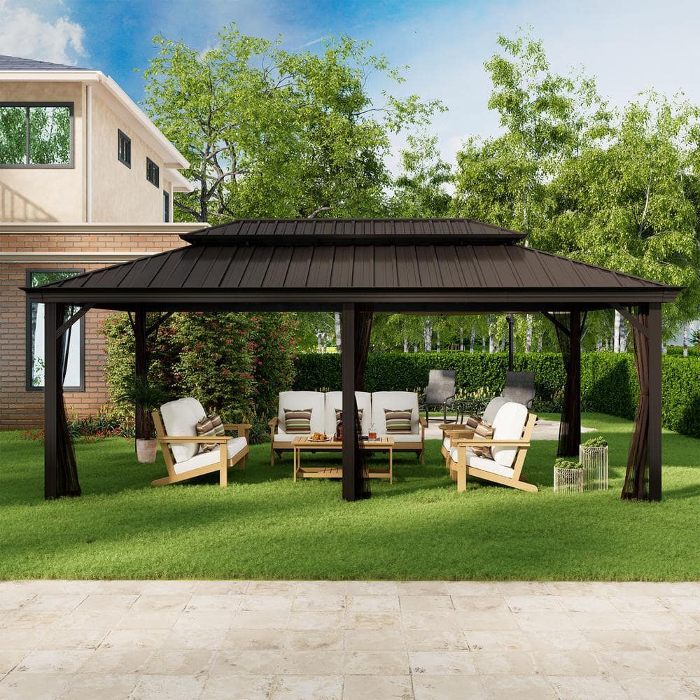 20 ft Black Aluminum Patio Gazebo with Steel Roof