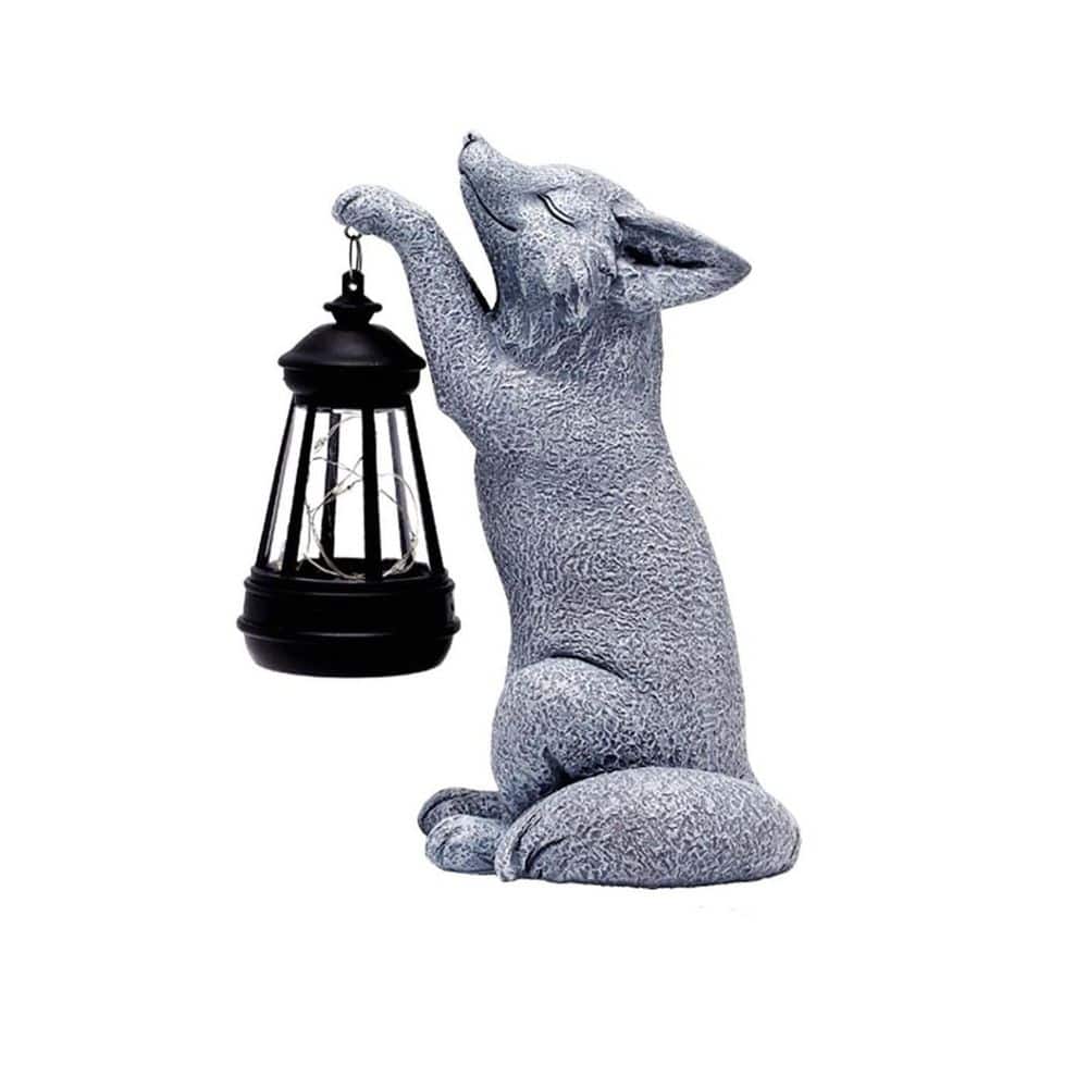 4 in. x 8 in. Gray Resin Fox Garden Statue with Solar Power Light