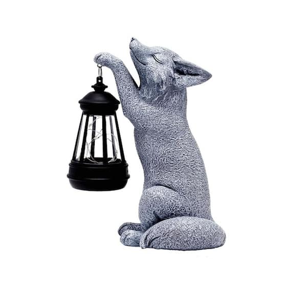 4 in. x 8 in. Gray Resin Fox Garden Statue with Solar Power Light