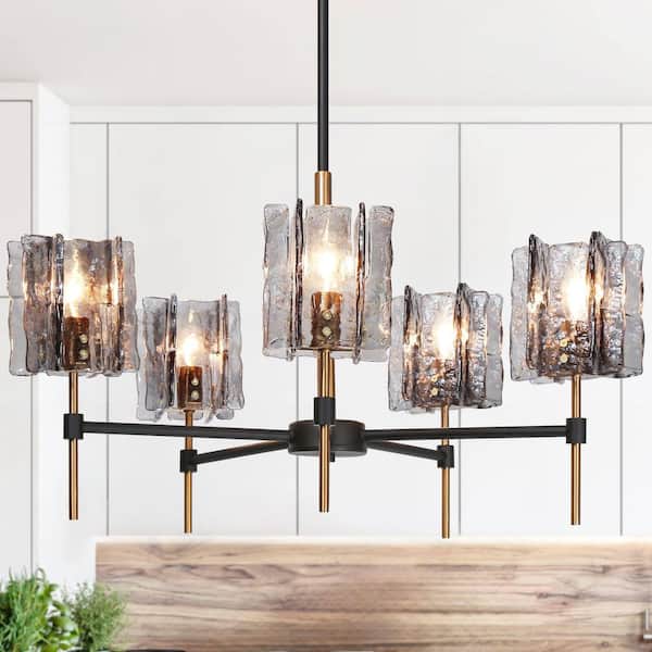Echonalyri 5-Light Black and Brass Chandelier Modern Island High Ceiling Light with Smoky Gray Textured Glass Shades