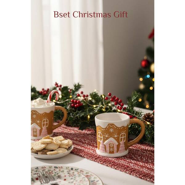 Numhew 17 oz Ceramic Mug (Set of 1), Gingerbread House Design Drinkware, Gift for Christmas with Gift Box Greeting Card, Yellow