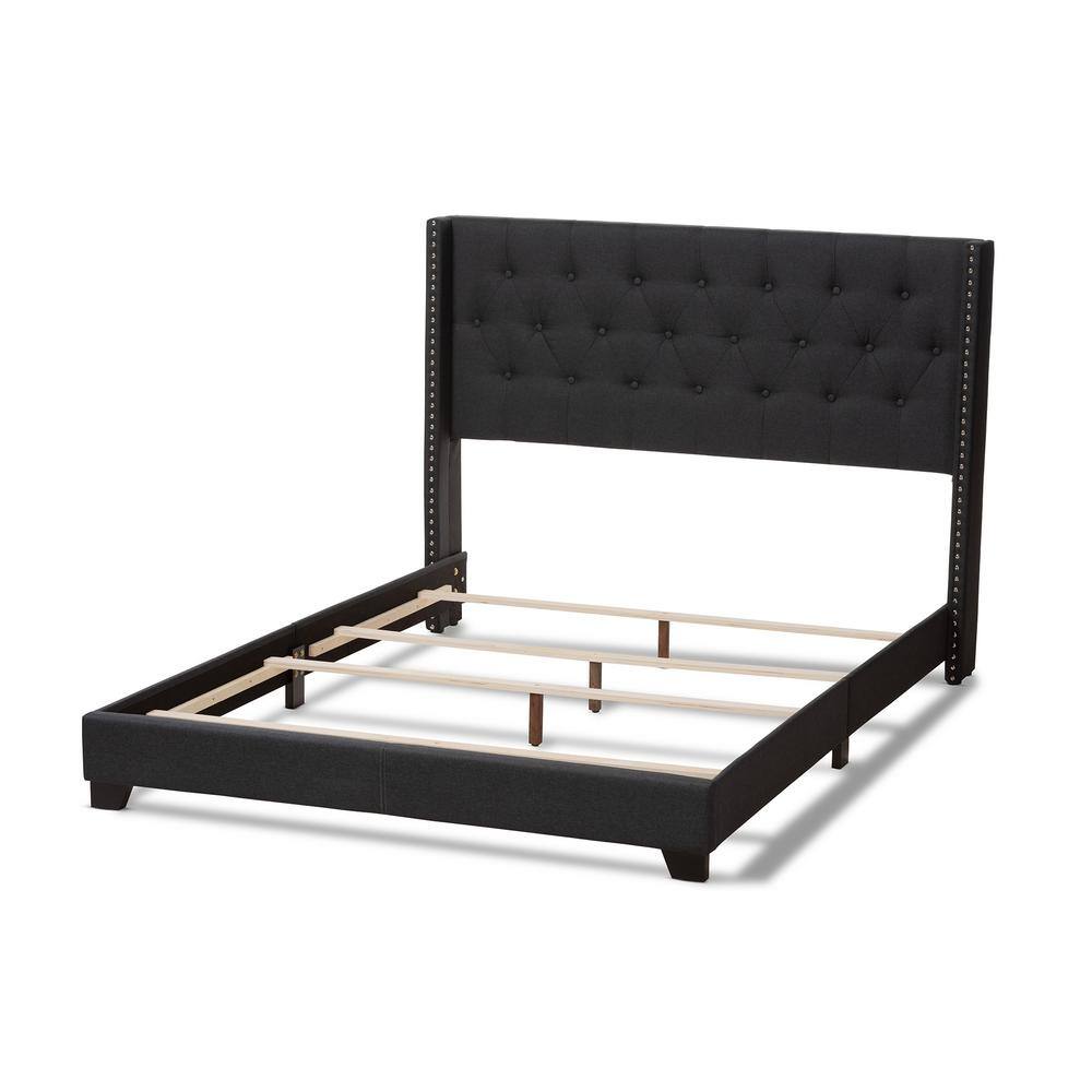 Charcoal Gray Upholstered Queen Bed with Tufted Headboard and Nailhead Trim