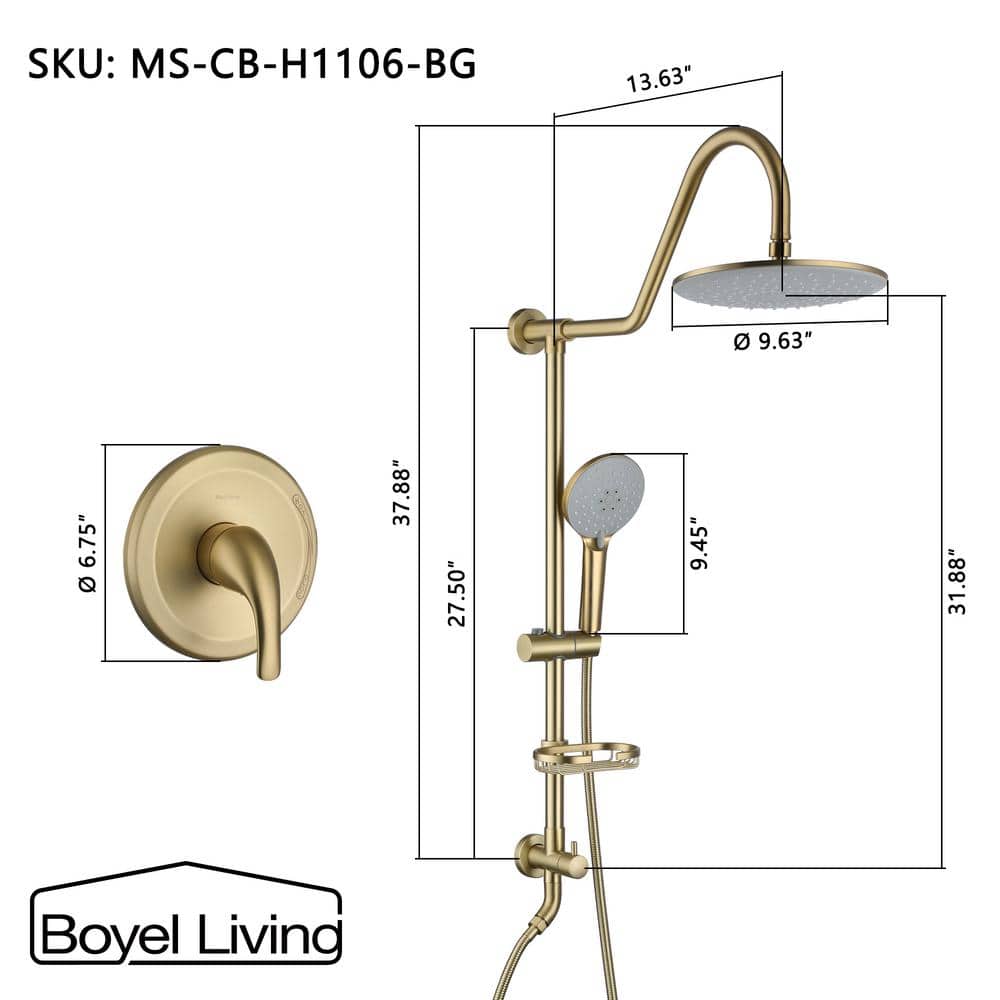 Brushed Gold Large Dual Round Wall Mounted Shower System