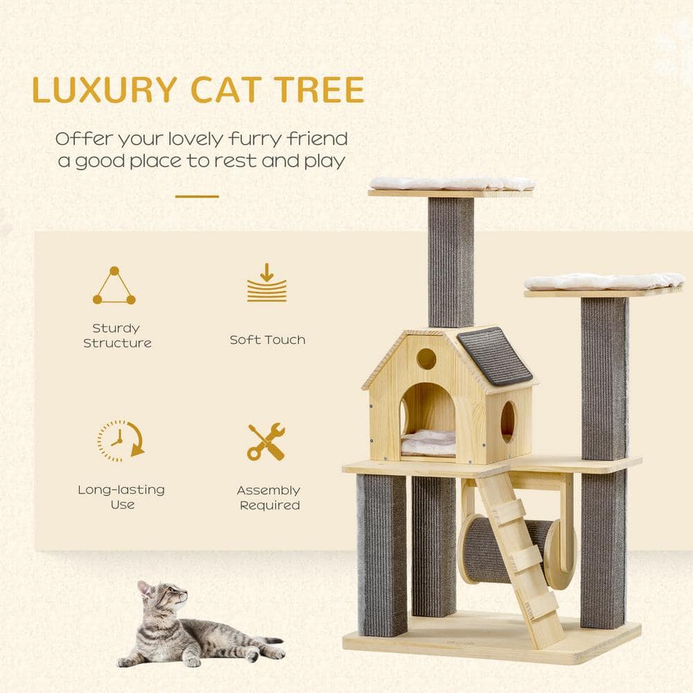 Natural Wooden Cat Tree with Sisal Scratching Posts and Cushions