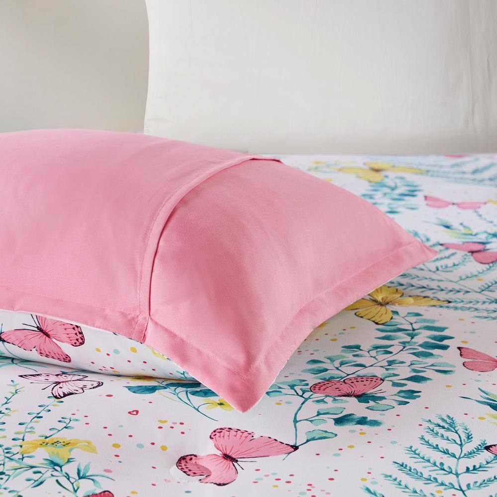 Twin Pink Microfiber Butterfly Comforter Set with Decorative Pillow