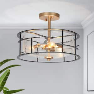 14 in. 3-Light Black Modern Semi-Flush Mount, Seeded Glass Dark Gold Ceiling Light, Farmhouse Open Cage Light Fixture