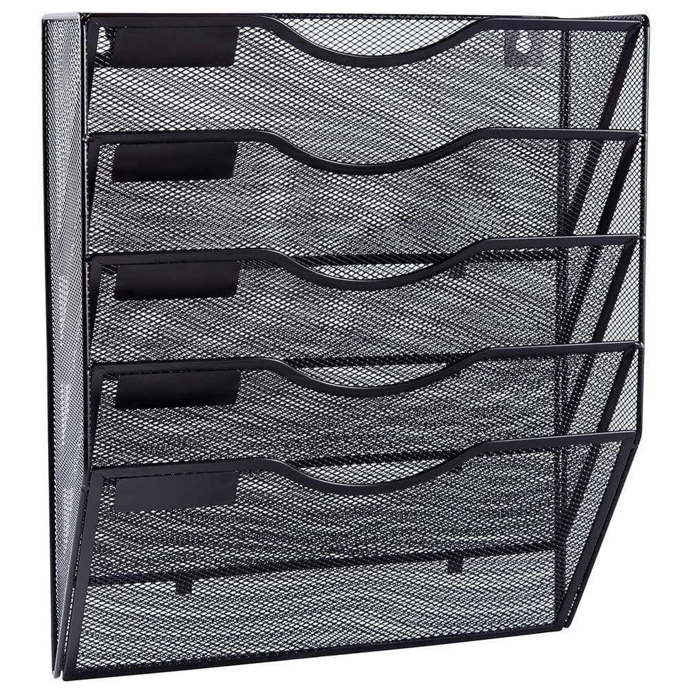 12.8 in. x 3.9 in. x 14.9 in. Black 5 Pocket Mesh Wall Mounted File Rack, D