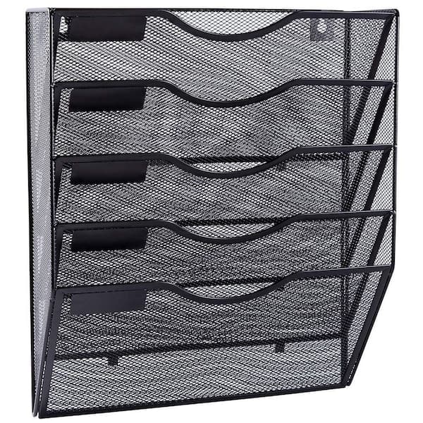 Angel Sar 12.8 in. x 3.9 in. x 14.9 in. Black 5 Pocket Mesh Wall Mounted File Rack, Document Folder Holder for Photo Album Etc.