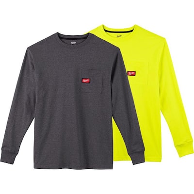 Men's Medium Gray and High Visibility Heavy-Duty Cotton/Polyester Long-Sleeve Pocket T-Shirt (2-Pack)