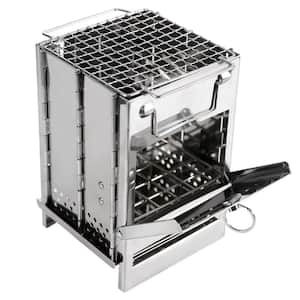 Small Portable Folding Wood Burning Camping Stove Stainless Steel Stove with Grid Rack for Hiking Picnic Cooking Outdoor