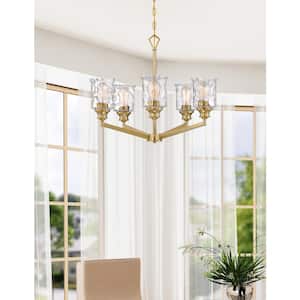 Drake 5-Light Brushed Gold Chandelier with Clear Hammered Glass Shades For Dining Rooms