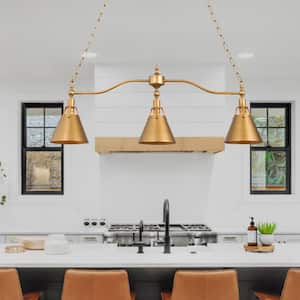 Brushed Vintage Gold Cone Island Chandelier 3-Light Modern Glam Pendant Hanging Ceiling Light with Metal Bell Shades