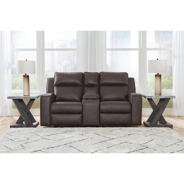 Lavenhorne 77 in. Solid Faux Leather 2 Seat Reclining Loveseat with Console in Brown