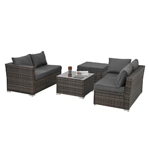 5-Piece Outdoor Patio Brown PE Wicker Conversation Set Furniture Set with Tempered Glass Coffee Table and Gray Cushions