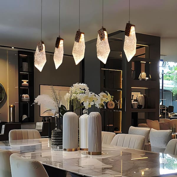 Fracture 5-Light Integrated LED Plated Brass Island Chandelier with Irregular Textured Resin Panels for Dining Room
