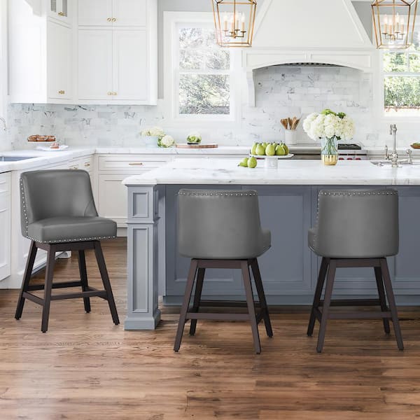 OrangeOne Hampton 26 in. Solid Wood Gray Swivel Bar Stools with Back Faux Leather Upholstered Counter Bar stool Set of 3