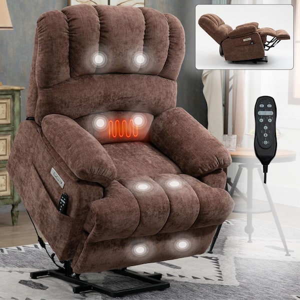 Brown Comfort Chenille Power Lift Recliner Chair with 8-Point Vibration Massage and Lumbar Heating
