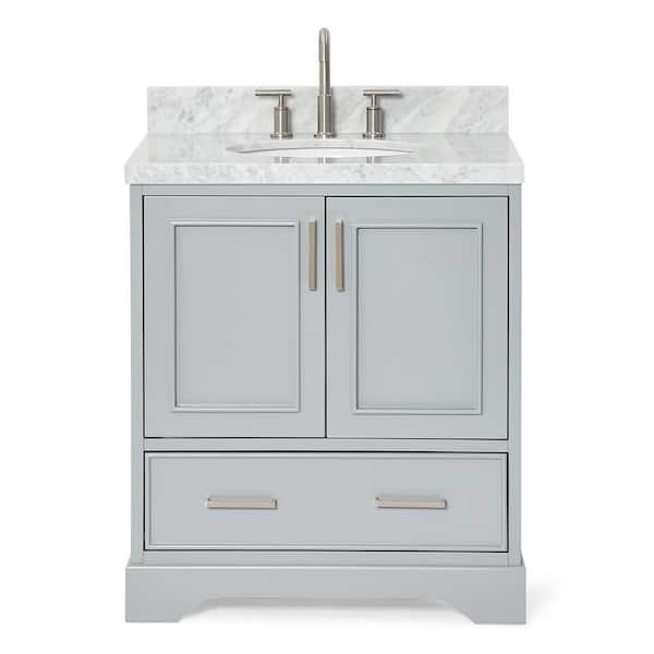 Stafford 30 in. W x 22 in. D x 36 in. H Single Sink Freestanding Bath Vanity in Gray with Carrara White Marble Top