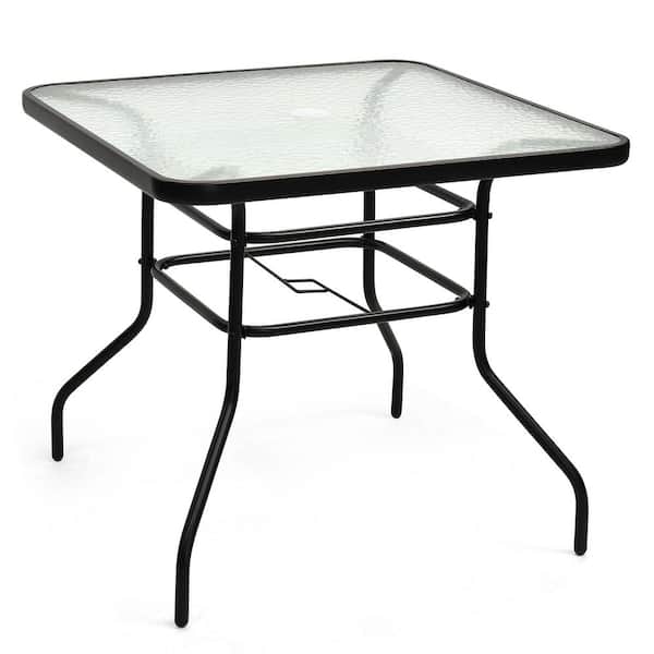 Unbranded 32 in. Outdoor Tempered Glass Square Table with Steel Frame and Umbrella Hole