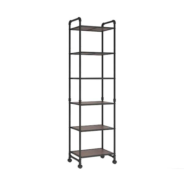 Tileon Black and Brown 6-Shelf Black and Brown Utility Kitchen Storage Trolley with Locking Wheels