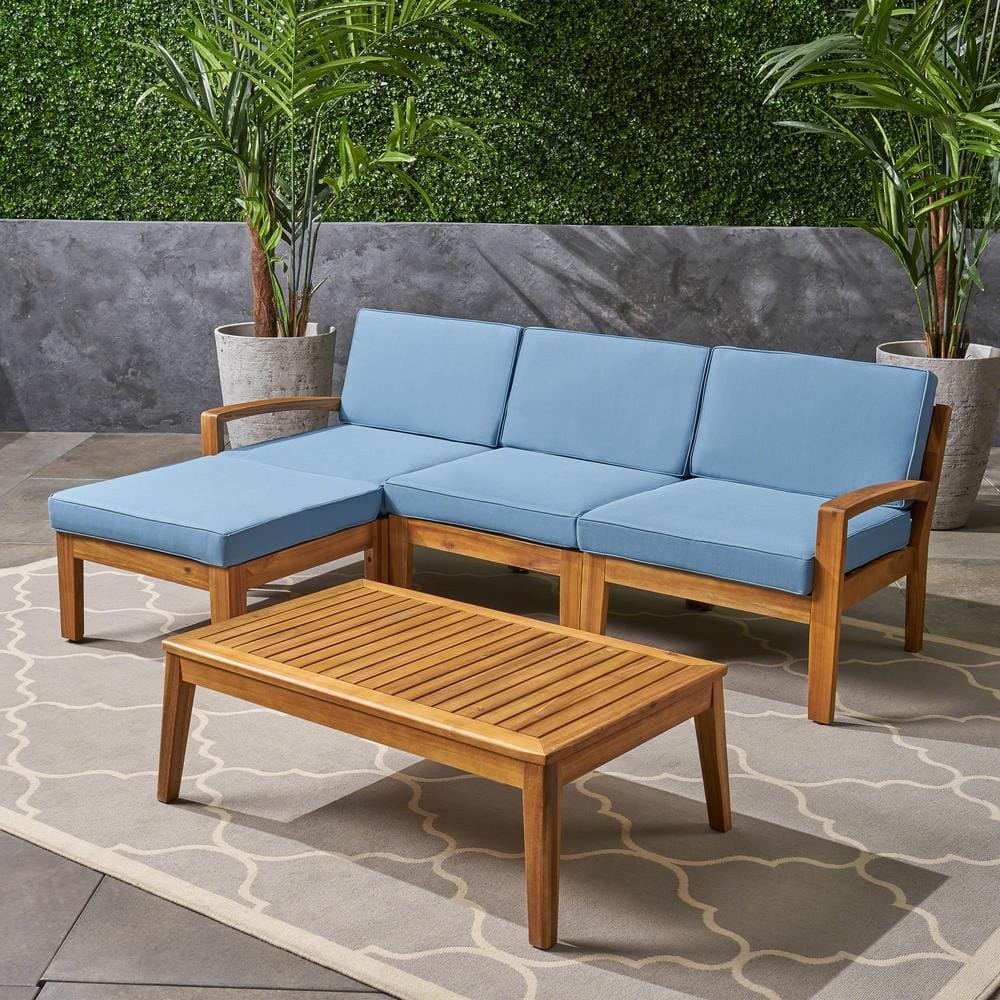 Grenada Teak Brown 5-Piece Acacia Wood Outdoor Patio Conversation Sectional Seating Set with Blue Cushions -  Noble House, 53957