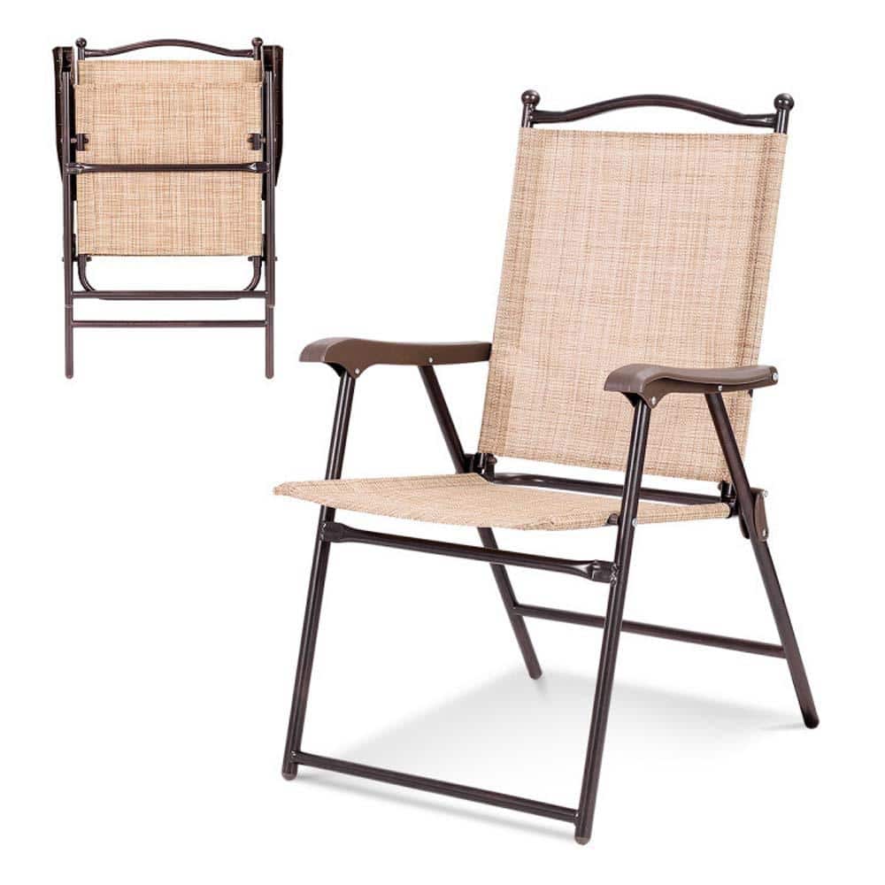 Beige Steel Frame Folding Outdoor Sling Chairs, Set of 2
