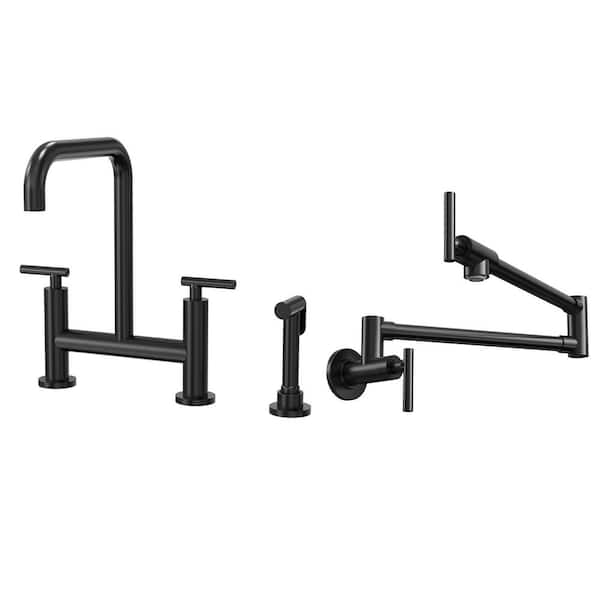 2-Handle Industrial 13 in. H Widespread Bridge Kitchen Faucet with Side Sprayer Pot Filler in Matte Black