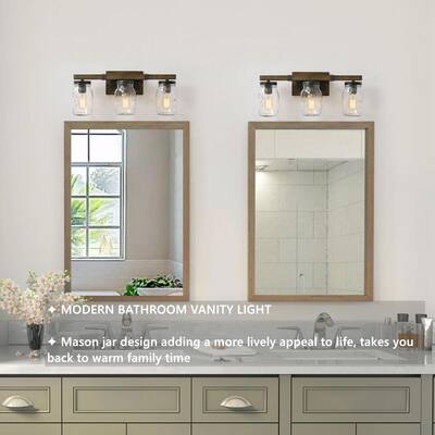 Araphi 3-Light 21 in. Oil-Rubbed Bronze Rustic Farmhouse Bath Vanity Wall Sconce with Mason Jar Shade & Faux Wood Accent