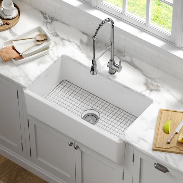 Turino Matte White Fireclay 33 in. Single Bowl Farmhouse Apron Kitchen Sink