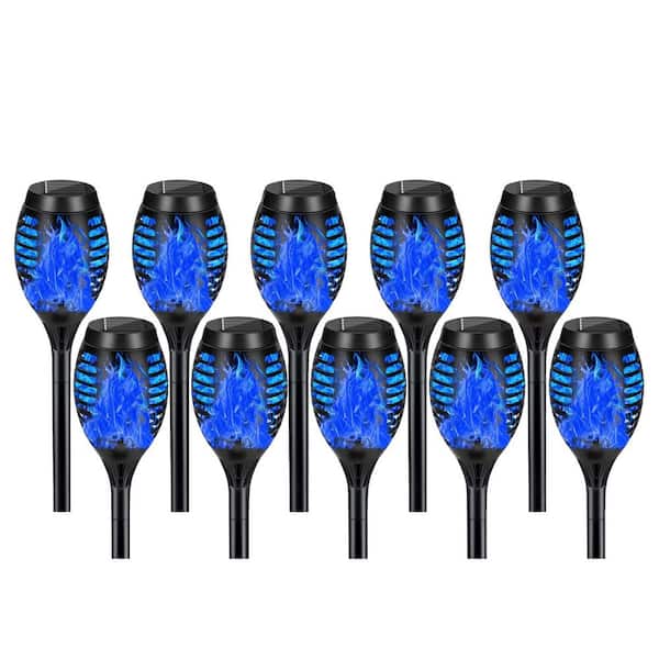 10 Pack Blue ABS Solar Torch Lights Flickering Flame Outdoor Waterproof Tiki Torches for Garden Yard Patio Pathway Decor