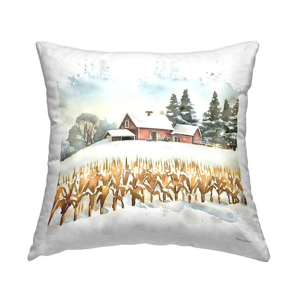 Snowy Wheat Field Farm Multi-Color Print Polyester 18in. X 18in. Throw Pillow