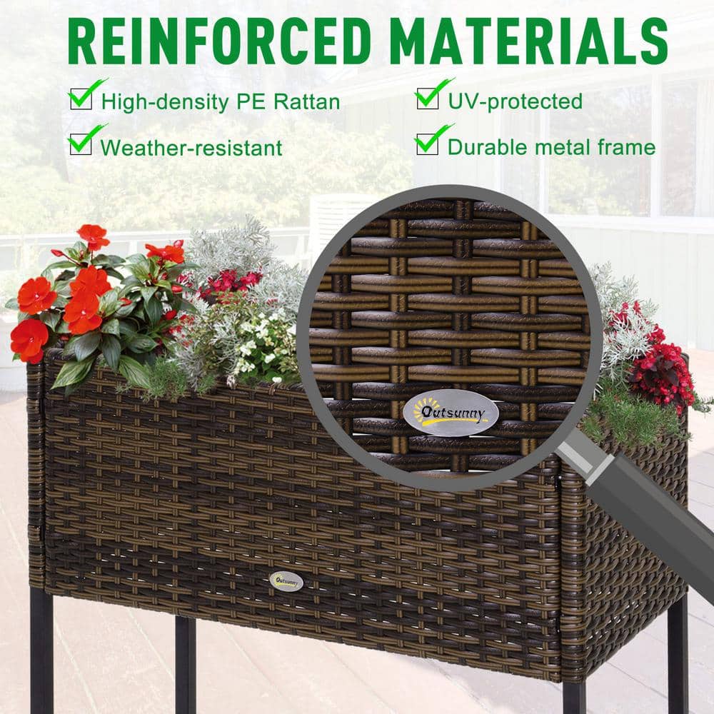 Brown Elevated Rattan Wicker Outdoor Flower Stand with Tool Storage
