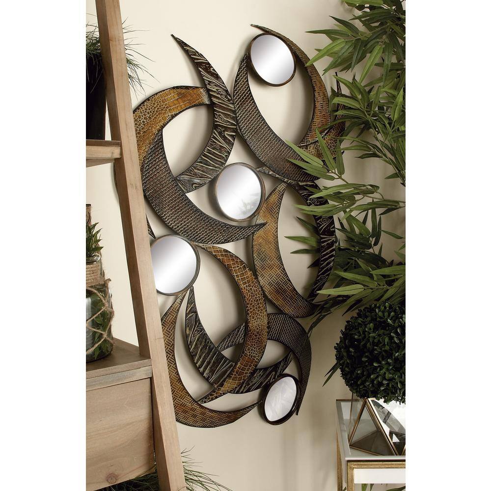 Beige and Brown Metal Crescent Moon Wall Sculpture with Mirrors