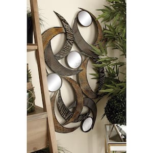 24 in. x  40 in. Metal Beige Abstract Wall Decor with Round Mirror Accents