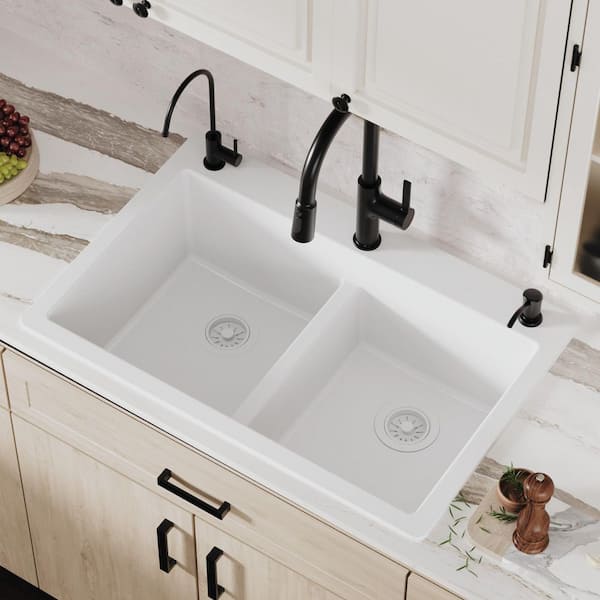 White Quartz 33 in. 50/50 Double Bowl Composite Drop-in Kitchen Sink