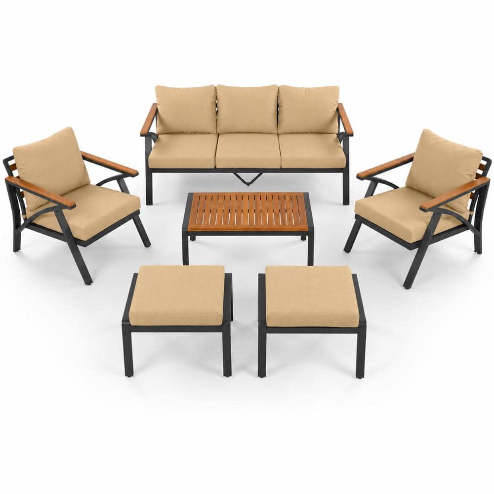 6 Piece Outdoor Patio Furniture Set with Acacia Wood Table, Sofa, Chairs and Ottomans for Backyard,Garden, Poolside price history on PriceWatchPro