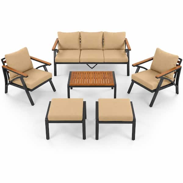 6 Piece Outdoor Patio Furniture Set with Acacia Wood Table, Sofa, Chairs and Ottomans for Backyard,Garden, Poolside