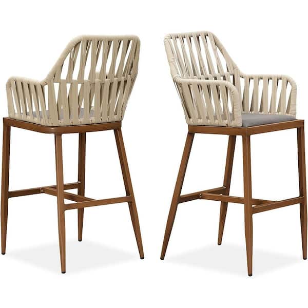 PURPLE LEAF Modern Aluminum PE Rattan Patio Outdoor Bar Stool with Backrest and Brown Cushion (2-Pack)