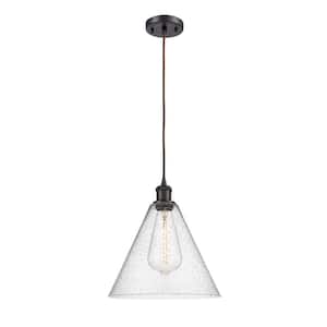 Berkshire 1-Light Oil Rubbed Bronze Cone Pendant Light with Seedy Glass Shade