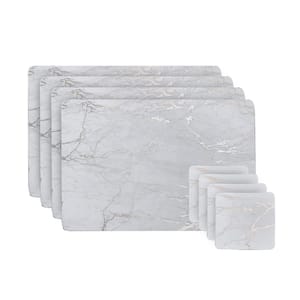 12 in. x 18 in. Silver/Gray Marble Cork Placemat and Coaster (Set of 8) 4-Placemats and 4-Coasters