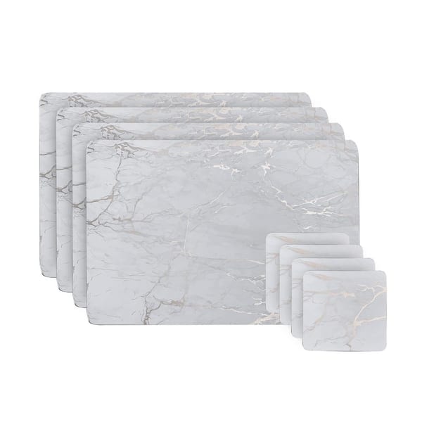 Dainty Home 12 in. x 18 in. Silver/Gray Marble Cork Placemat and Coaster (Set of 8) 4-Placemats and 4-Coasters