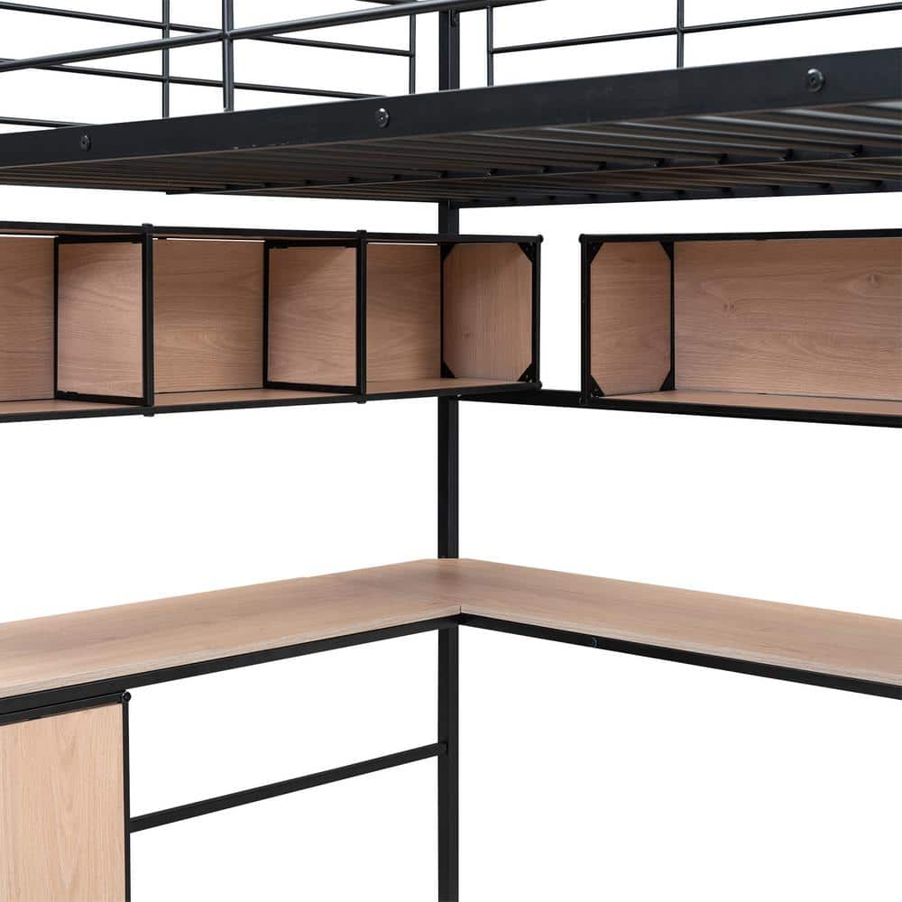 Black Metal Full Loft Bed with Bookcase and Desk