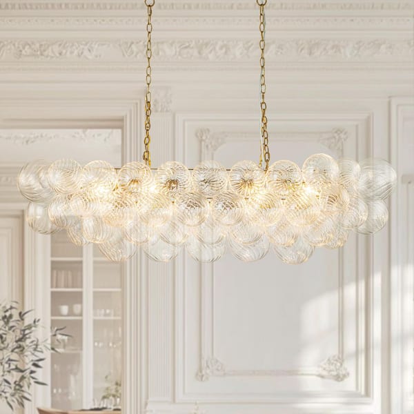HUOKU Neuvy 8-Light 50.4 in. W Brass Chandelier with Swirled-Glass Orb Cluster Bubble Ribbed Glass Chandelier for Living Room