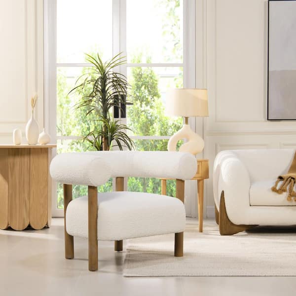 Jennifer Taylor Fuji Scandinavian 37 in. White Boucle Mid Century Modern Barrel Living Room Accent Arm Chair