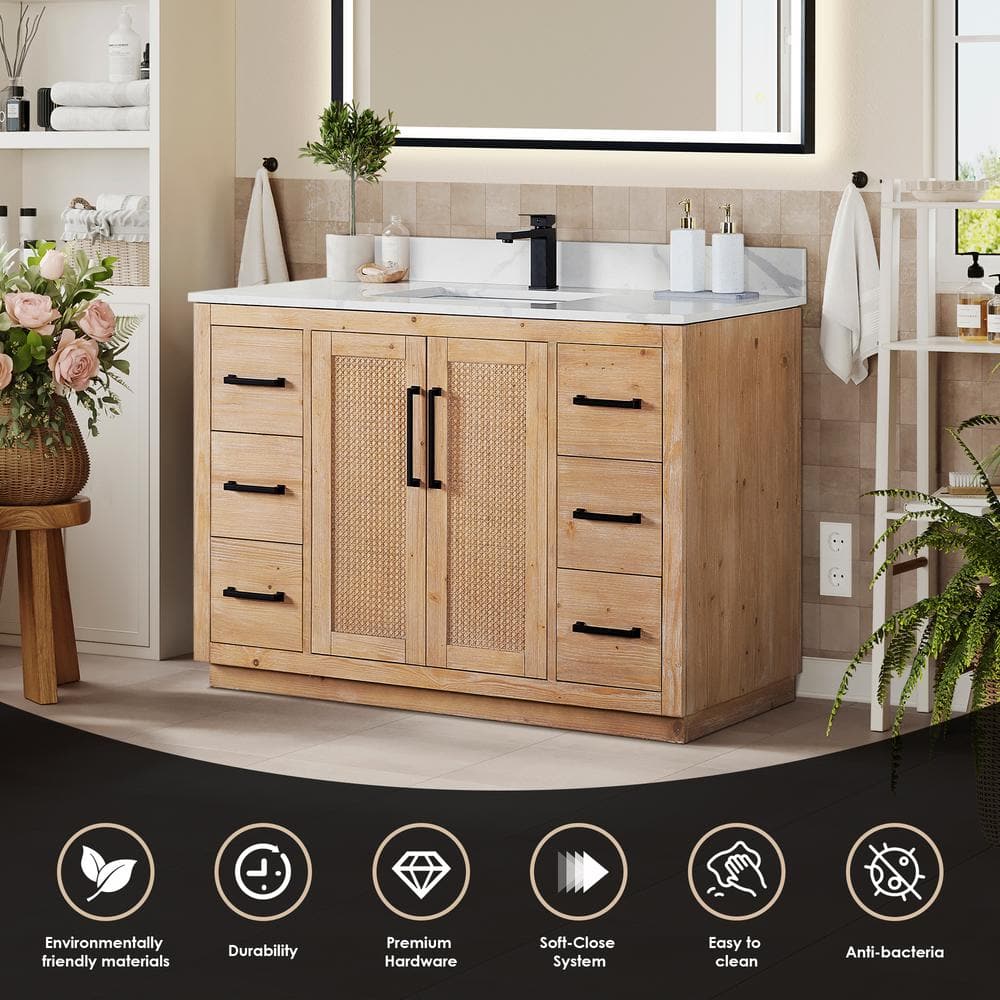 Light Brown Fir Wood Vanity with Calacatta Quartz Top, 48 Inch