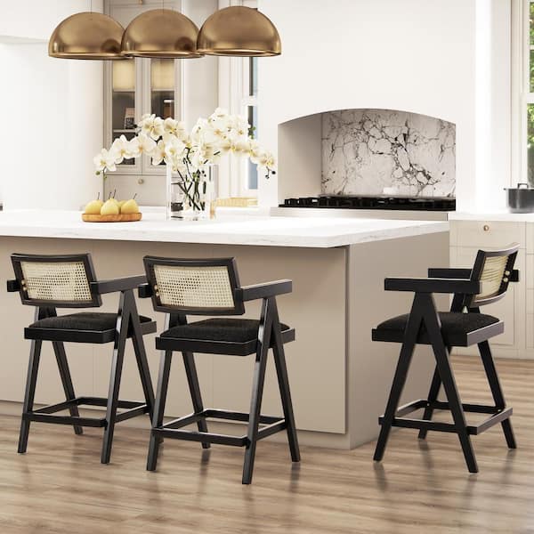 Milan 25.5 in. Modern Resin Webbing Back Bar Stool with Arms Set of 3 Ebony Black Boucle