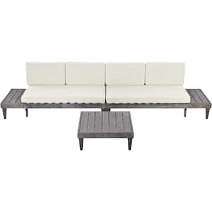 Grey 3-Piece Wood Outdoor Conversation Sectional Set with Side Table, Beige Cushions